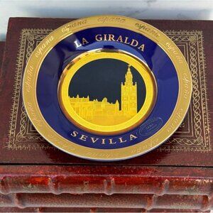 La Geralda Sevilla Espana Gold Deep Blue Souvenir Plate from Spain 24K Gold 6x6